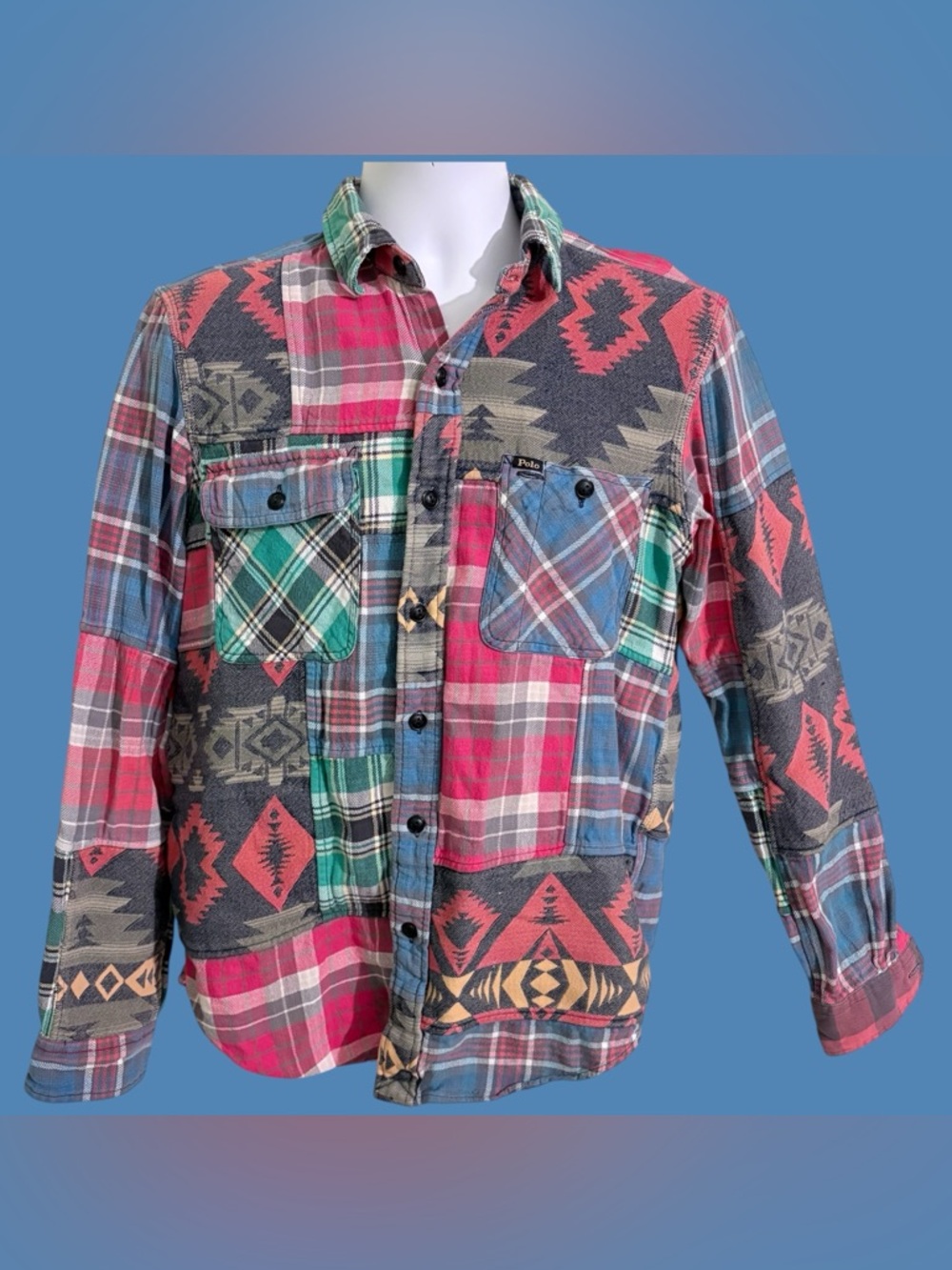 Polo Ralph Lauren MEDIUM Southwestern Western Aztec Patchwork Cotton Button Up